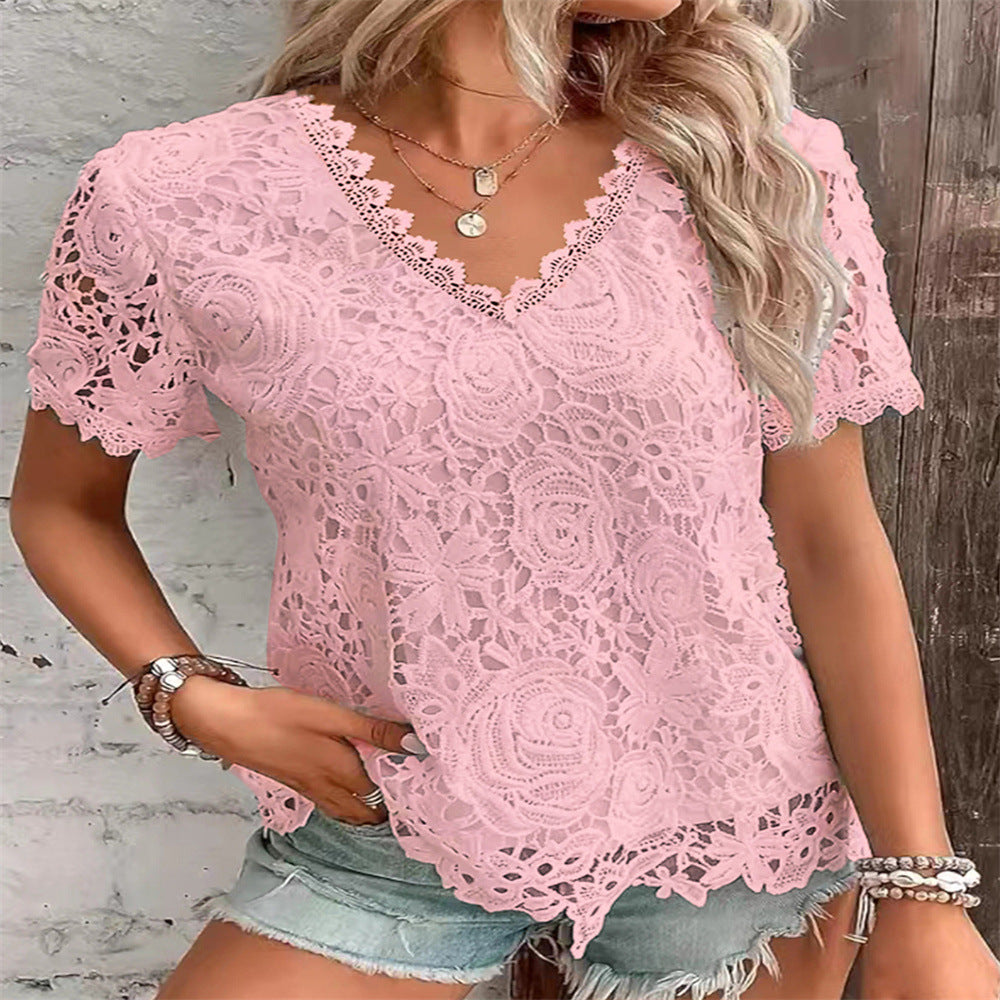 2026 New European And American Women's Fashion Versatile Top Sexy Lace Short Sleeved T-shirt NorixaFashion.com