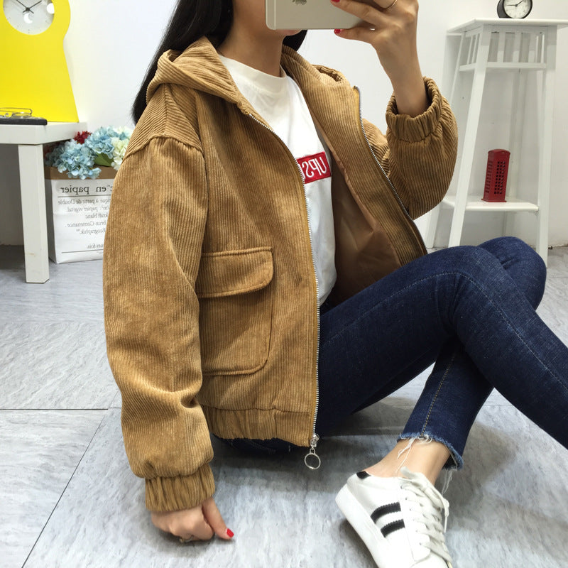 New Korean-style Hooded Corduroy Jacket, Short & Thick Pi-Mart