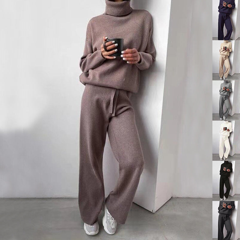 Casual Fashion Suits For Women Turtleneck Sweater And Drawstring Straight Pants LadyShow.Store