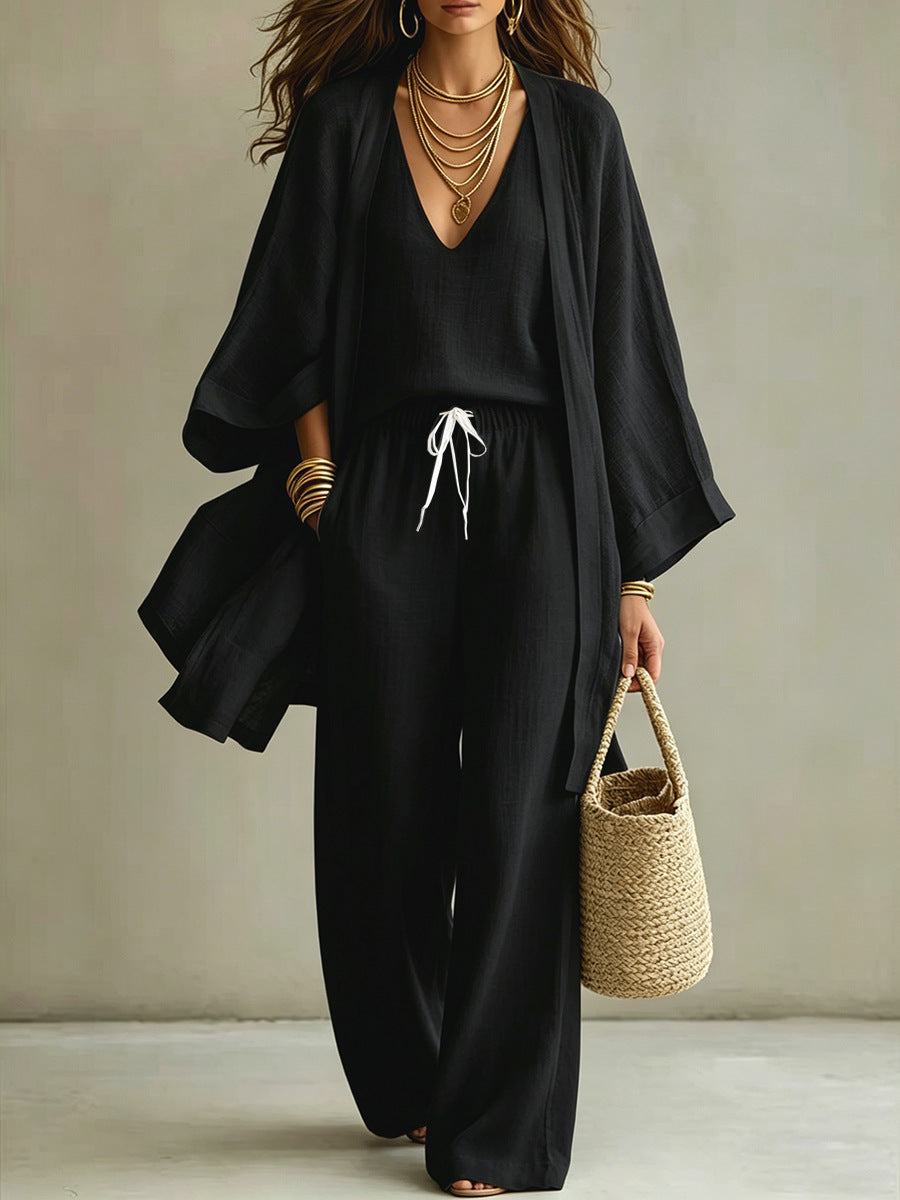 Womens Casual Three-piece Set Nine-quarter-sleeve Cardigan Sleeveless Vest And Long Pants NorixaFashion.com