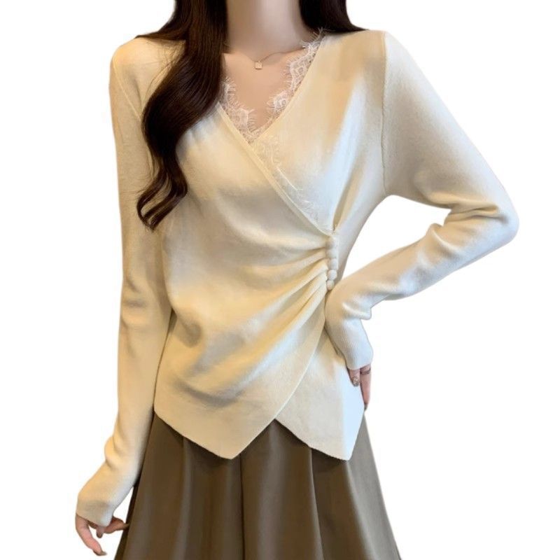 Irregular Cross-feel Lace Spliced V-neck Long Sleeve T-shirt LadyShow.Store