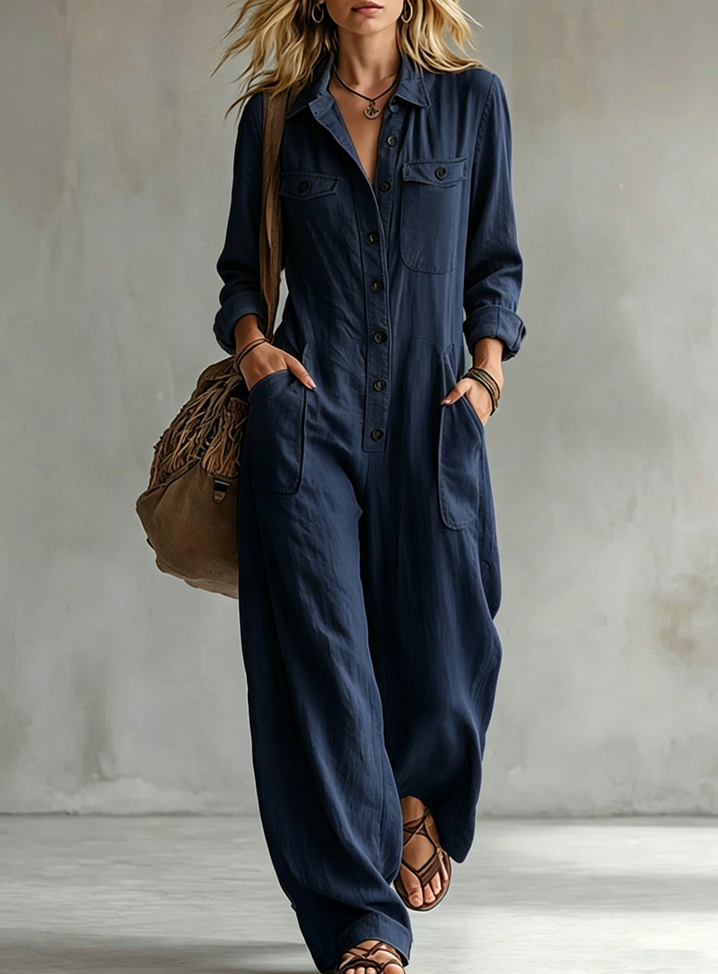Womens Workwear Linen Casual Jumpsuit NorixaFashion.com