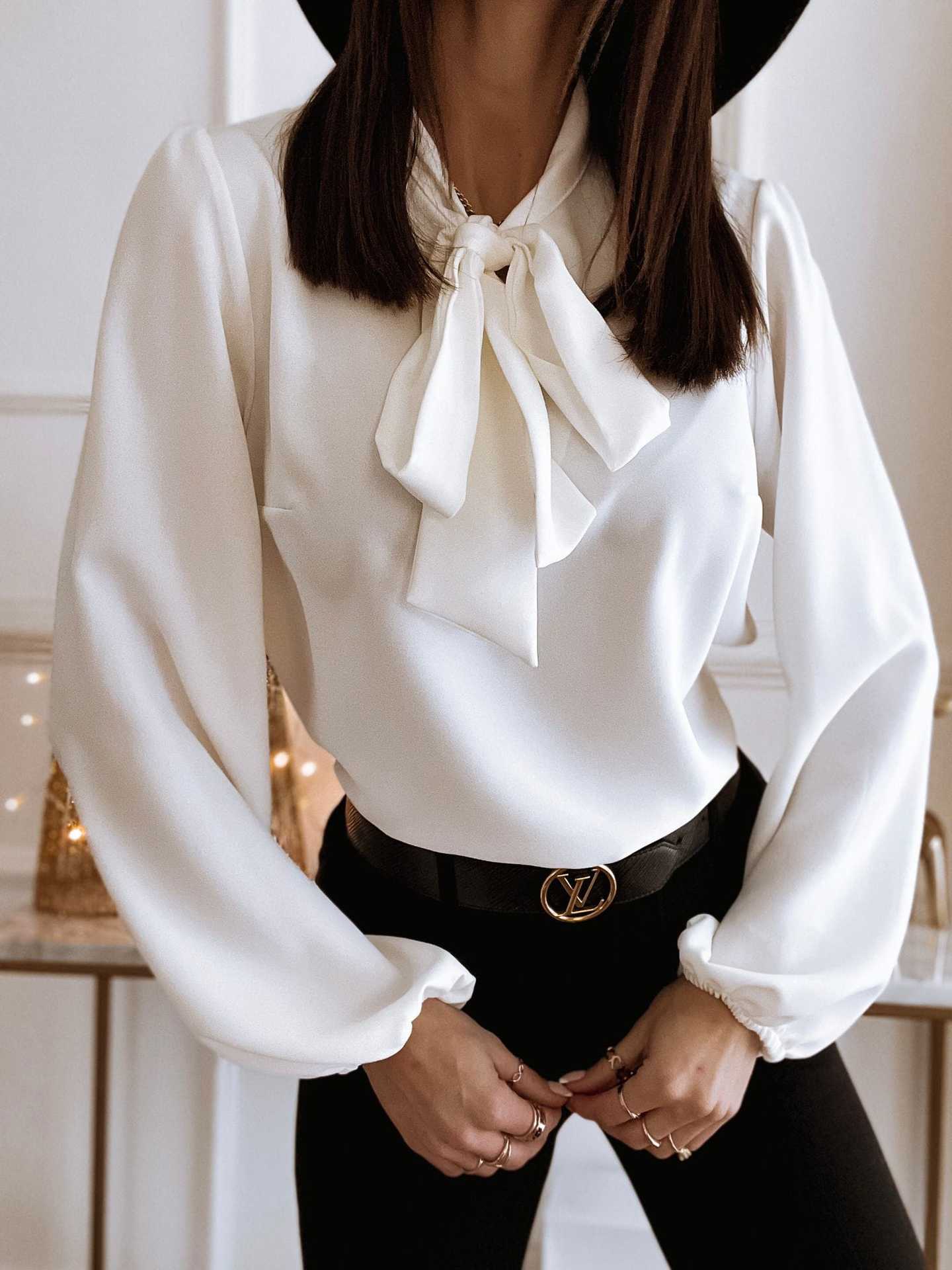 Bowknot Long Sleeve Shirt Collared Women's  Solid Color Professional Business Blouse For Work Office Wear NorixaFashion.com