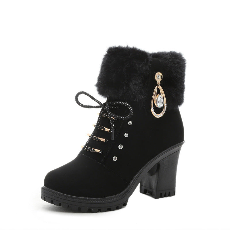 Plush Martin Boots With Lace Up High Heels LadyShow.Store