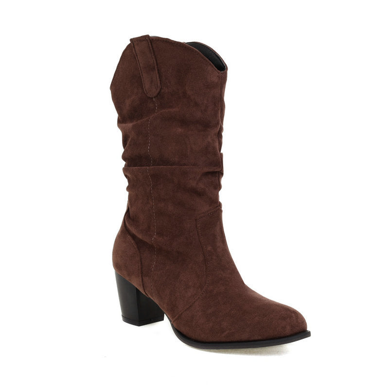 Chunky Heel High Heel Frosted Mid-calf Boots For Women LadyShow.Store