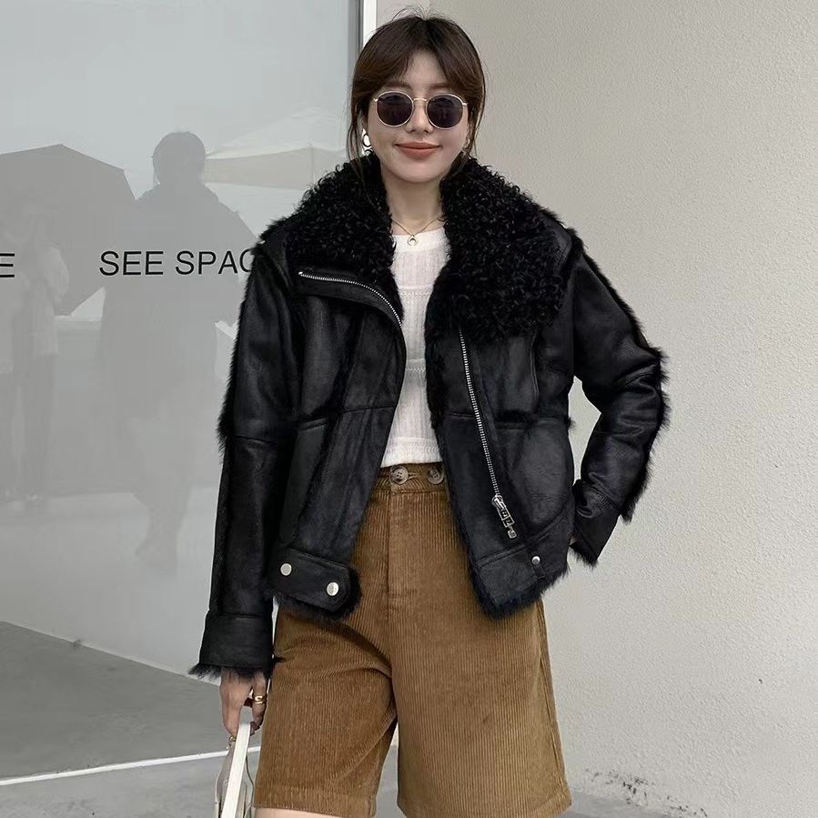 Women's Young Lamb Wool Short Stitching Coat Best YouTube Store