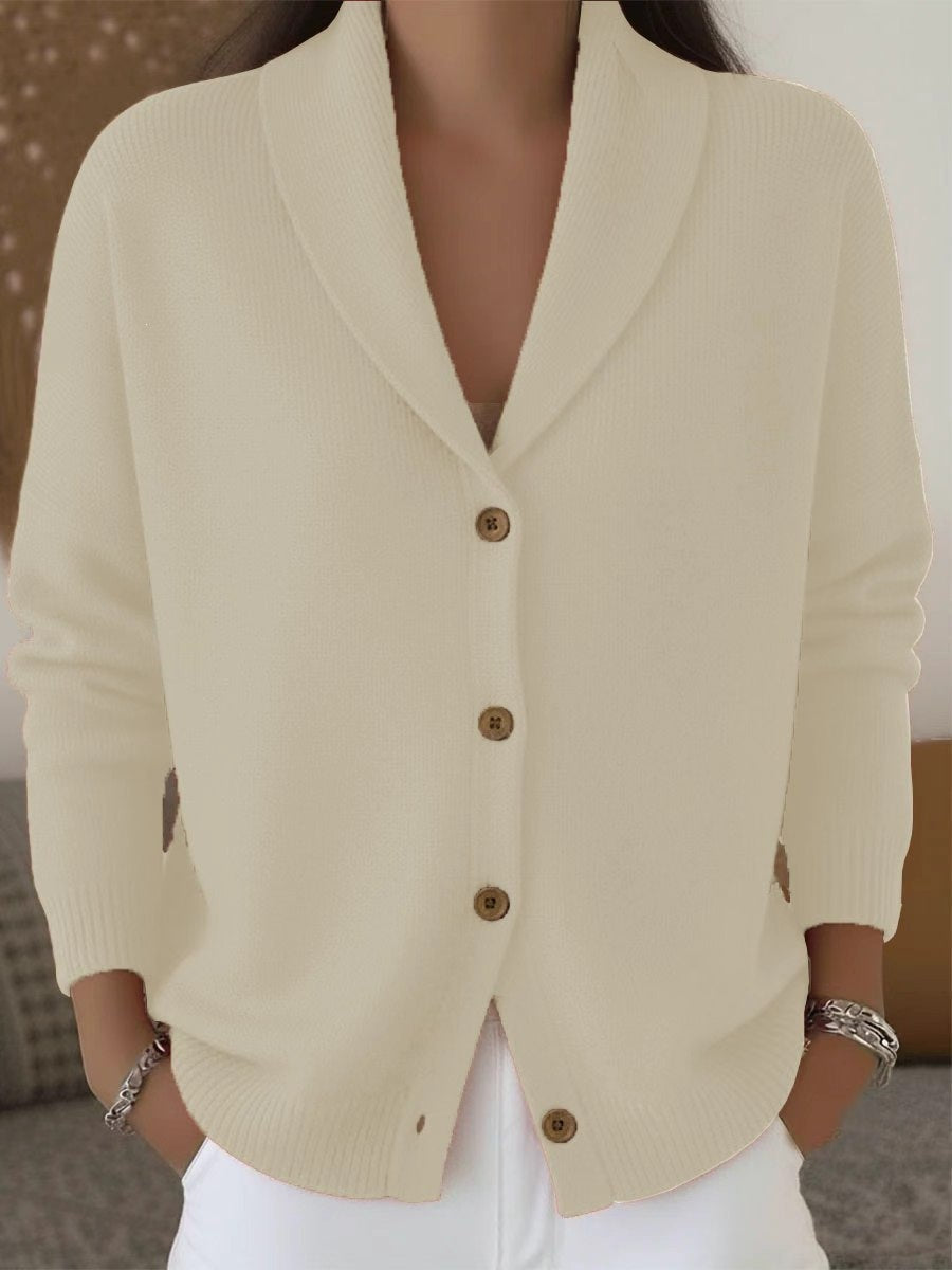 Womens Knitted Cardigan Loose-Fit Lazy Style Soft And Cozy Notch Lapel Solid Color Long-Sleeve Sweater NorixaFashion.com