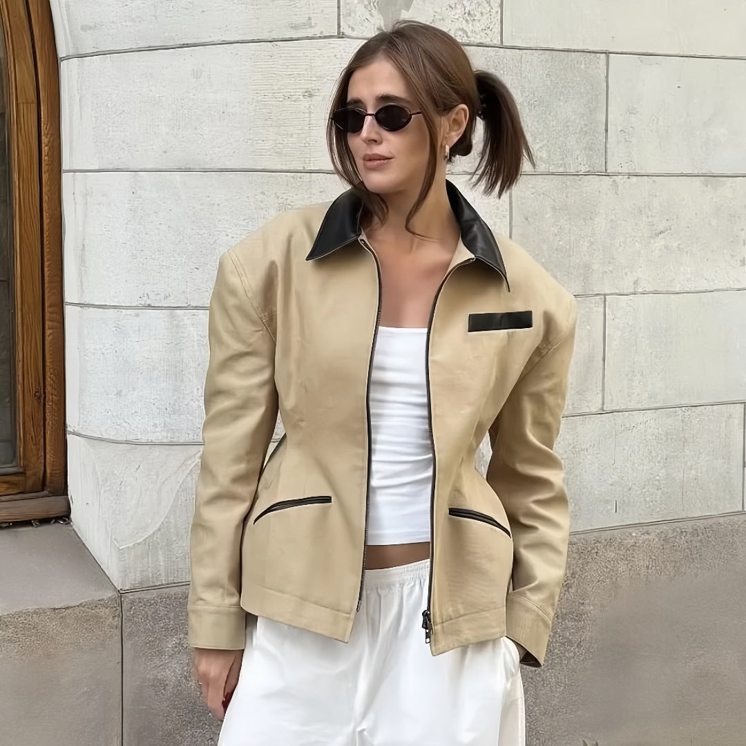 Retro Lapels Contrast Color Waist-tight Motorcycle Slim-fit Leather Coat Zipper Jacket LadyShow.Store