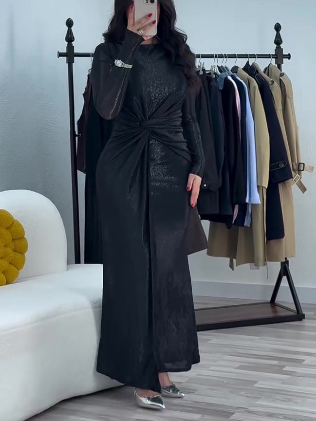 Metallic Maxi Dress With Twist Front Detail And Long Sleeves NorixaFashion.com