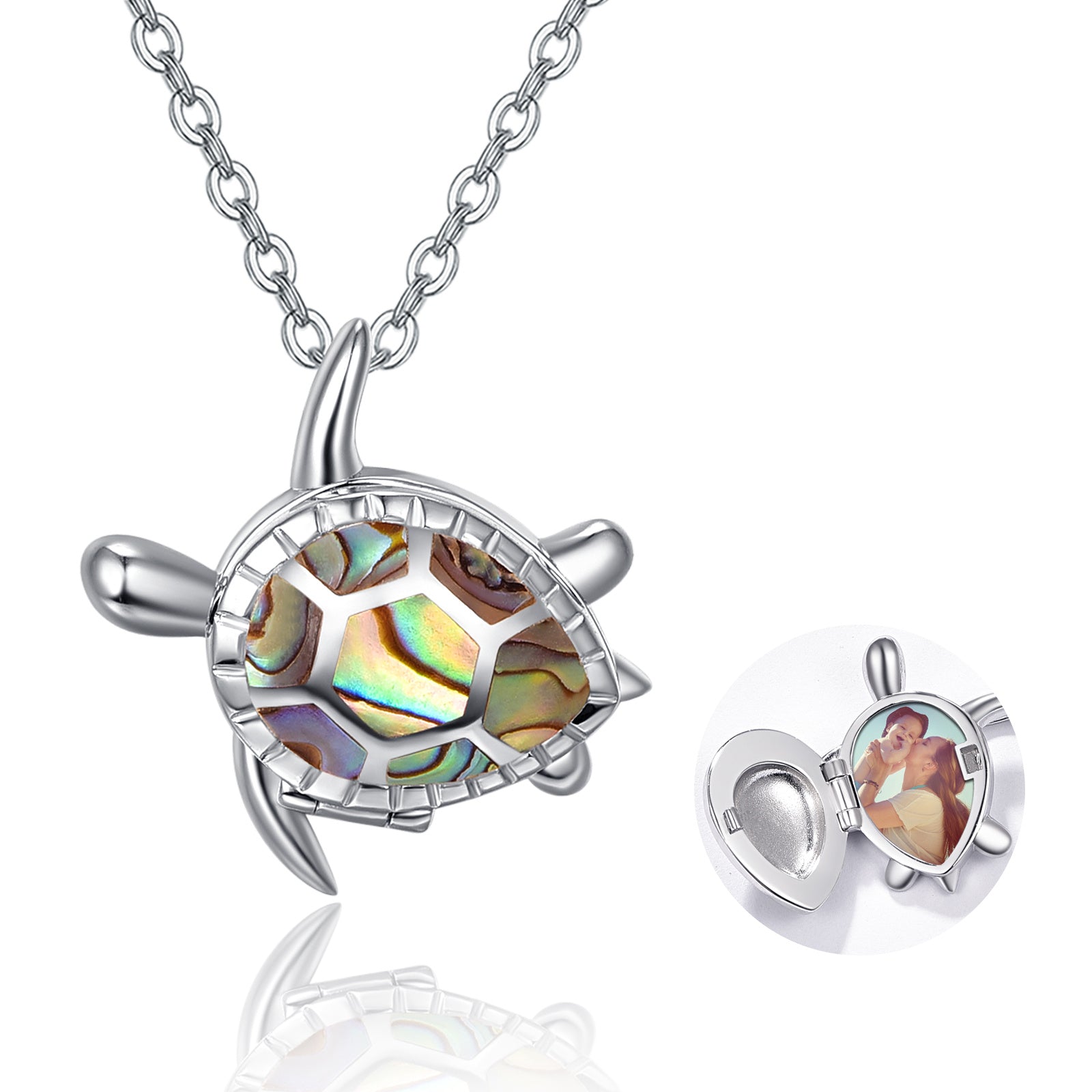 Silver Sea Turtle Locket Picture Photo Locket Abalone Shell Necklace For Women LadyShow.Store