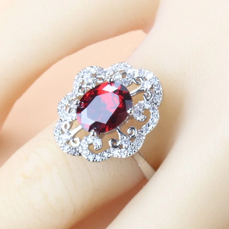 Garnet Cubic Zirconia Earrings Pendant Necklace Bracelet Ring Gift 4 PCs Set LadyShow.Store