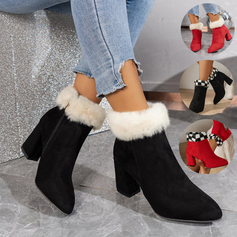 New Plaid Print Plush Ankle Boots Winter Fashoin Square Heel Suede Boots Women Casual Versatile Shoes Autumn And Winter LuxuryLifeWay Online Store