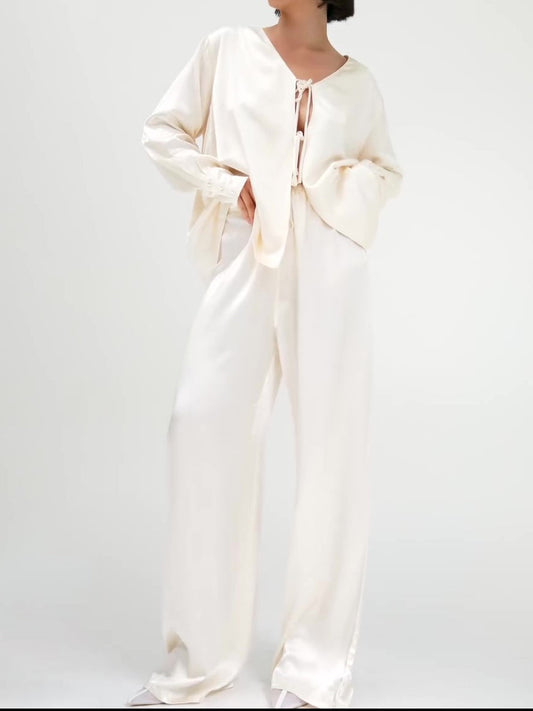 Cream Satin Tie-Front Top And Wide-Leg Pants Set NorixaFashion.com