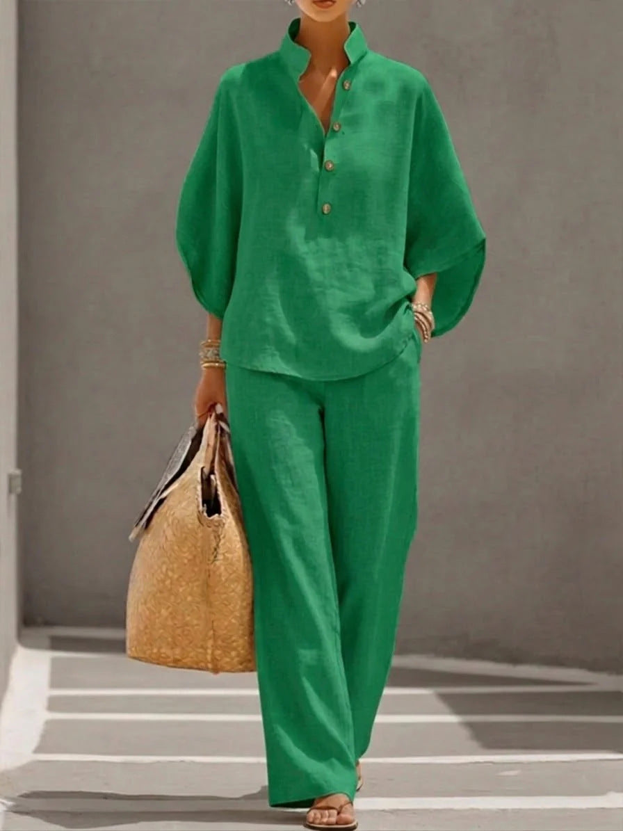Women's Short-sleeved Suit Summer Loose Pullover Top And Straight-leg Trousers Outfit Clothing NorixaFashion.com