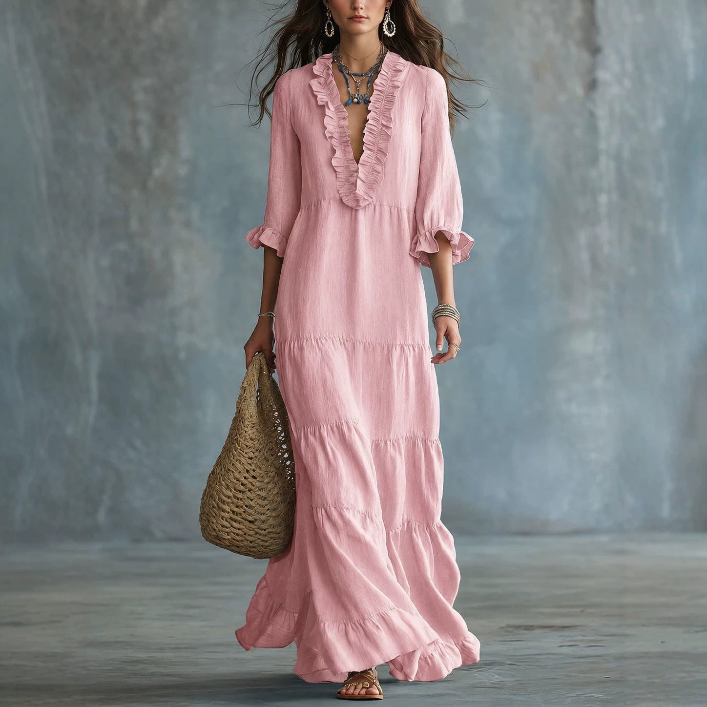 Womens V-neck Layered Casual Flowing Maxi Dress With Ruffled Hem NorixaFashion.com