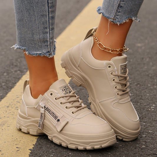 Lace-up Sports Shoes With Side-Zipper Design Fashion Thick-soled Round-toe Casual Shoes For Women Sneakers CJD