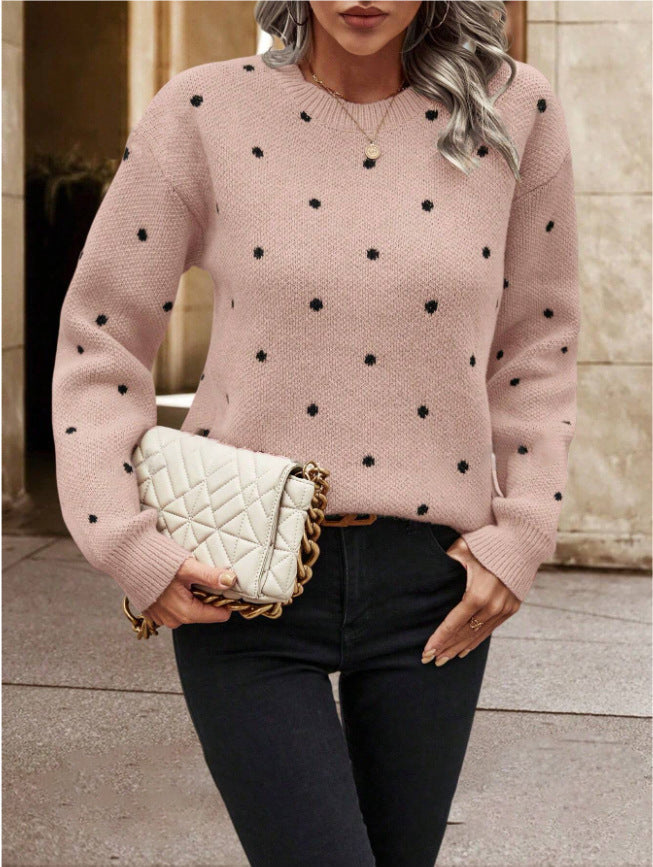 Ins Polka Dot Print Pullover Sweater Fashion Casual Long-sleeved Jacquard Knitted Top Winter Round Neck Clothing For Women LadyShow.Store