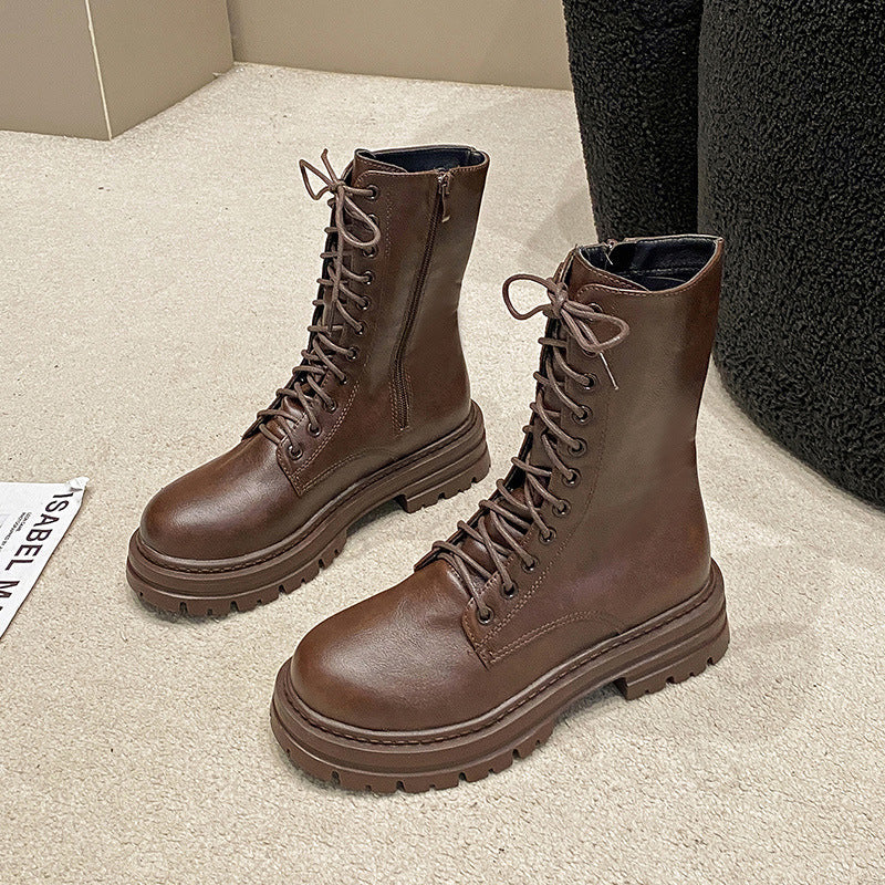 Autumn And Winter New Round Head Lace-up British Style Thick Bottom Mid-calf Martin Boots Women LadyShow.Store