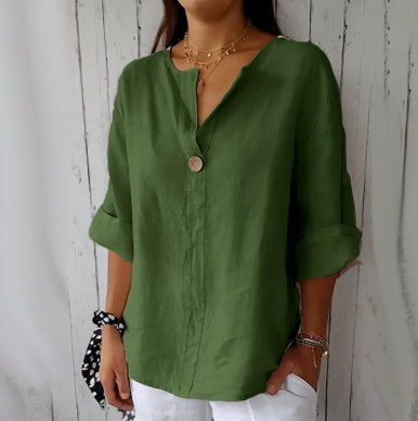 V-neck Long-sleeved T-shirt Fashion Loose Cotton And Linen Button Tops For Women NorixaFashion.com