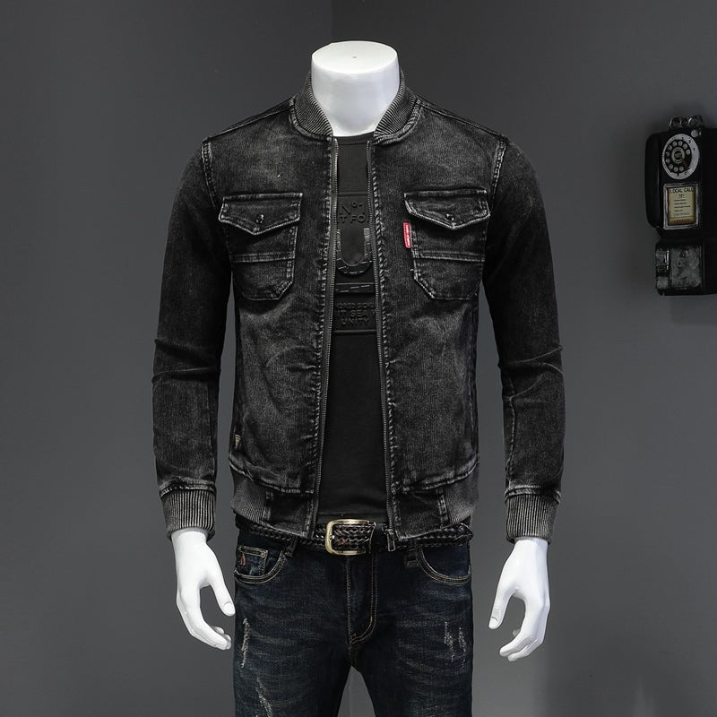 Retro Slim Fit Denim Jacket with Corduroy Collar Pi-Mart