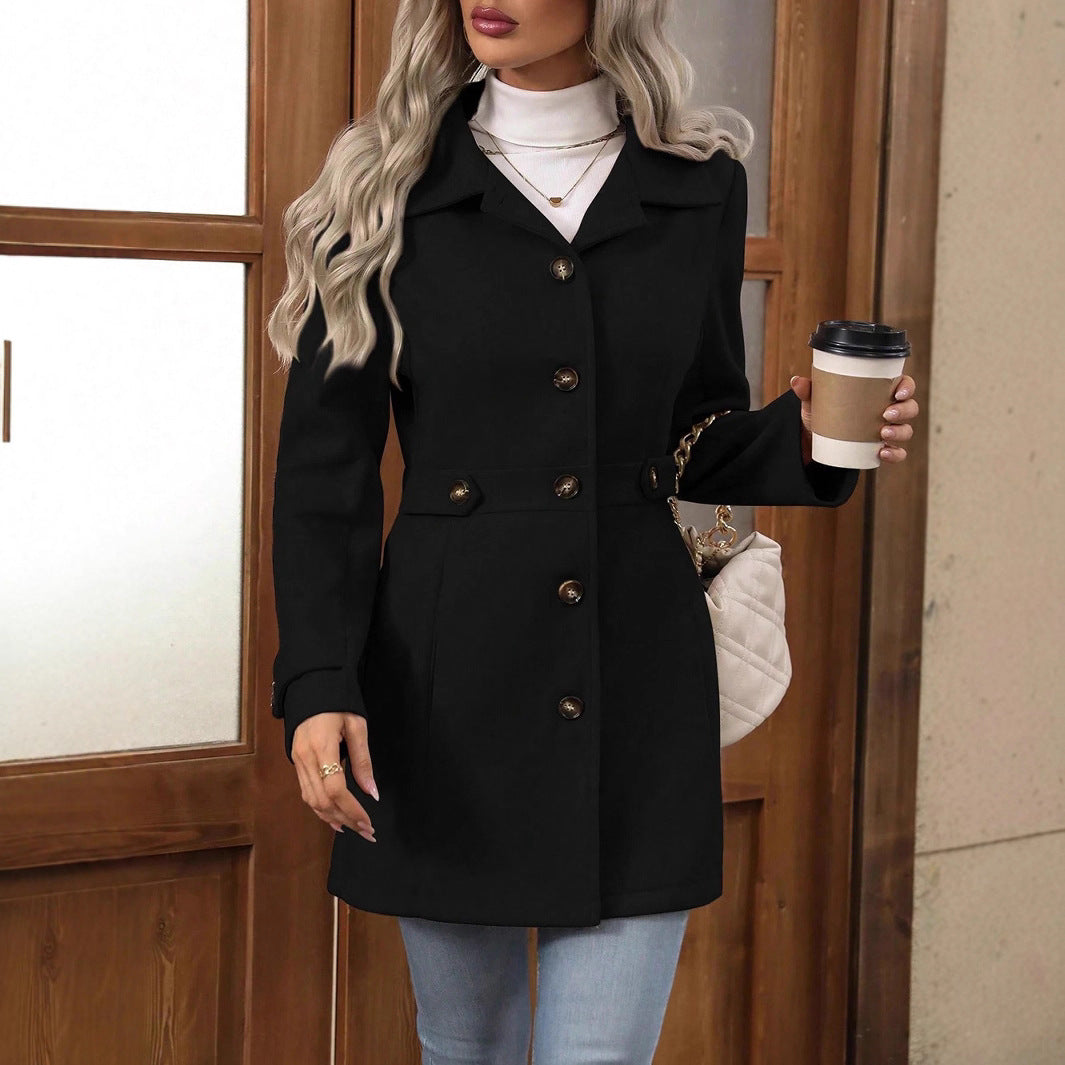 Elegant Single-breasted Woolen Coat Buttons Lapel Mid-length Jacket Temperament Commuter Outwear Clothing For Women Best YouTube Store
