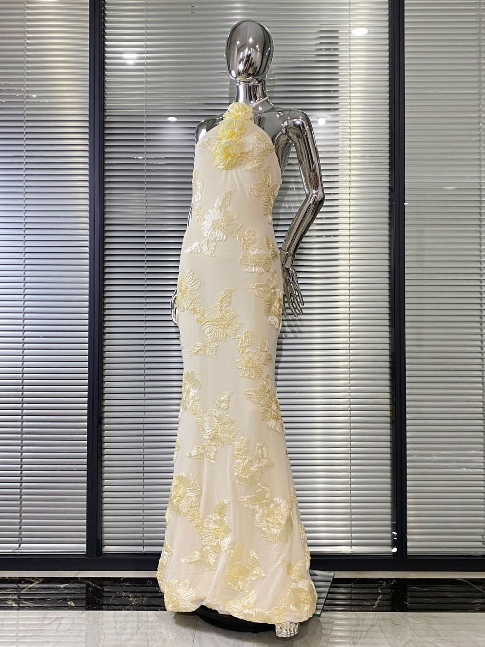 Cream Floral  Halter Neck Mermaid Gown NorixaFashion.com