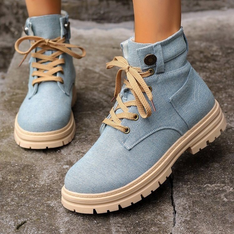 Lace-up Denim Ankle Boots Women Fashion Platform Cowboy Boots Casual Fashion Autumn Winter Round Toe Shoes LadyShow.Store
