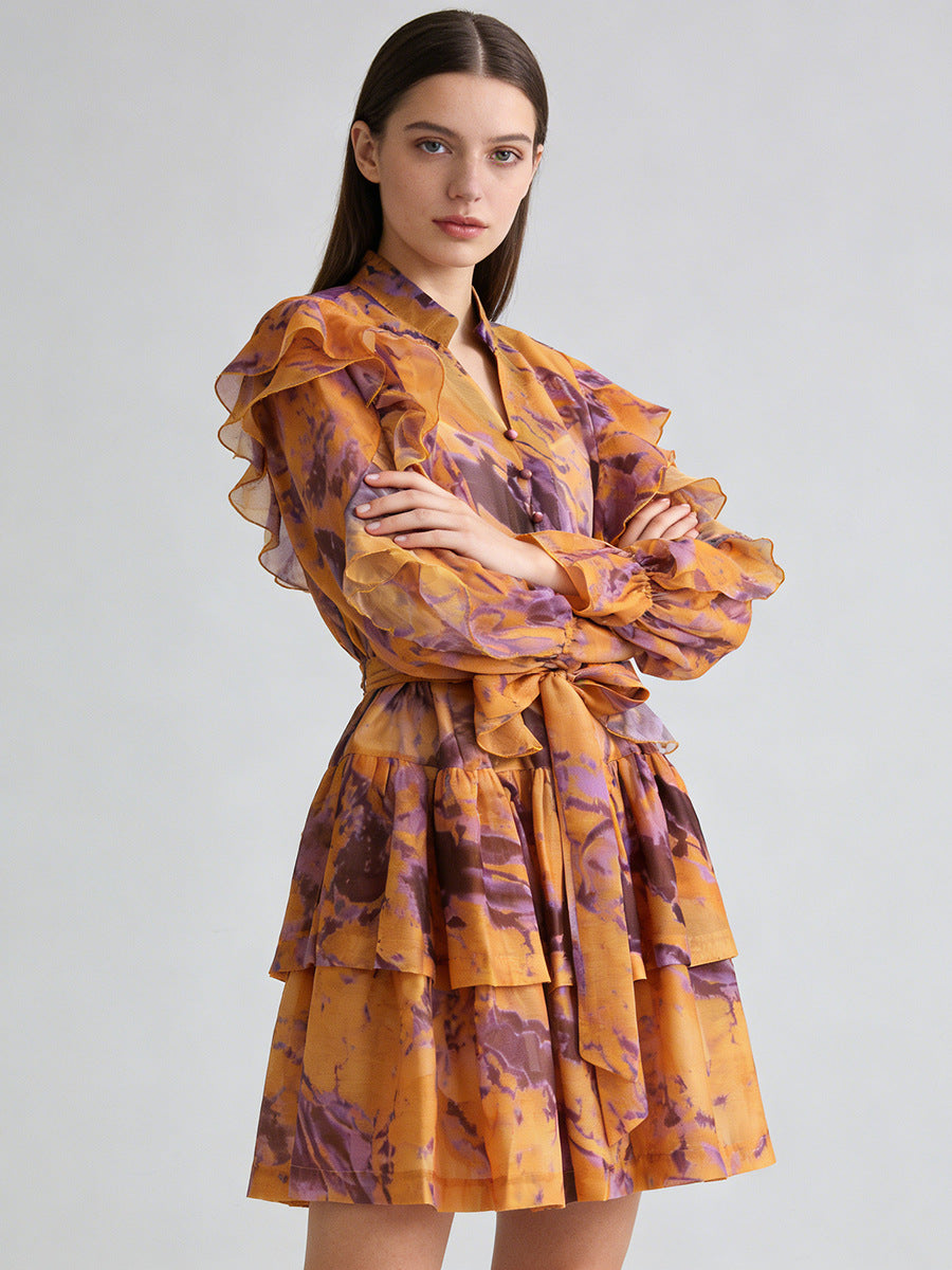 V-neck Ruffled Tie-waist Dress NorixaFashion.com
