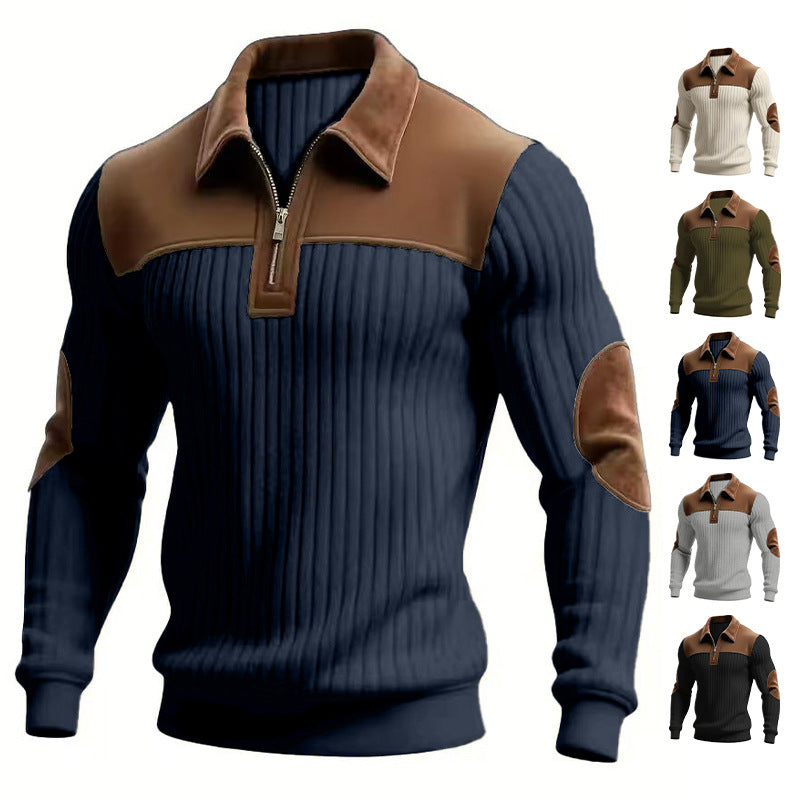 Notched-collar Patchwork Knit Top With Embroidered Zipper Hoodie CJD
