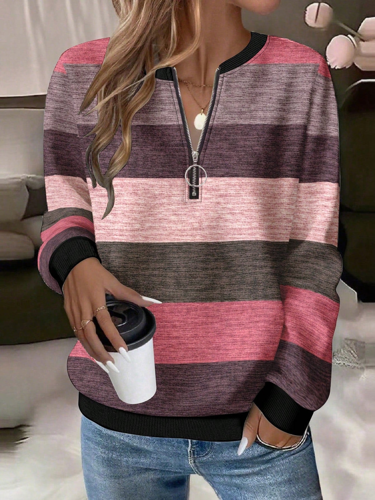 2026 New Autumn And Winter Amazon Independent Site Wish Printed Long Sleeve HalfZip Women's Hoodie NorixaFashion.com