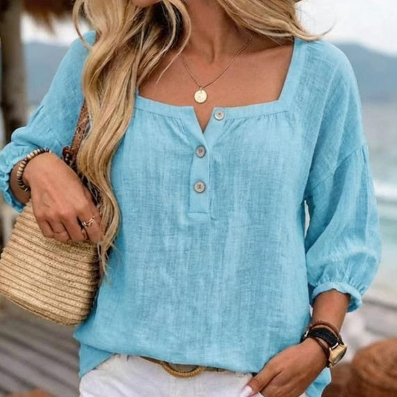 Casual Resort-style Linen Top With Three-quarter Sleeves NorixaFashion.com