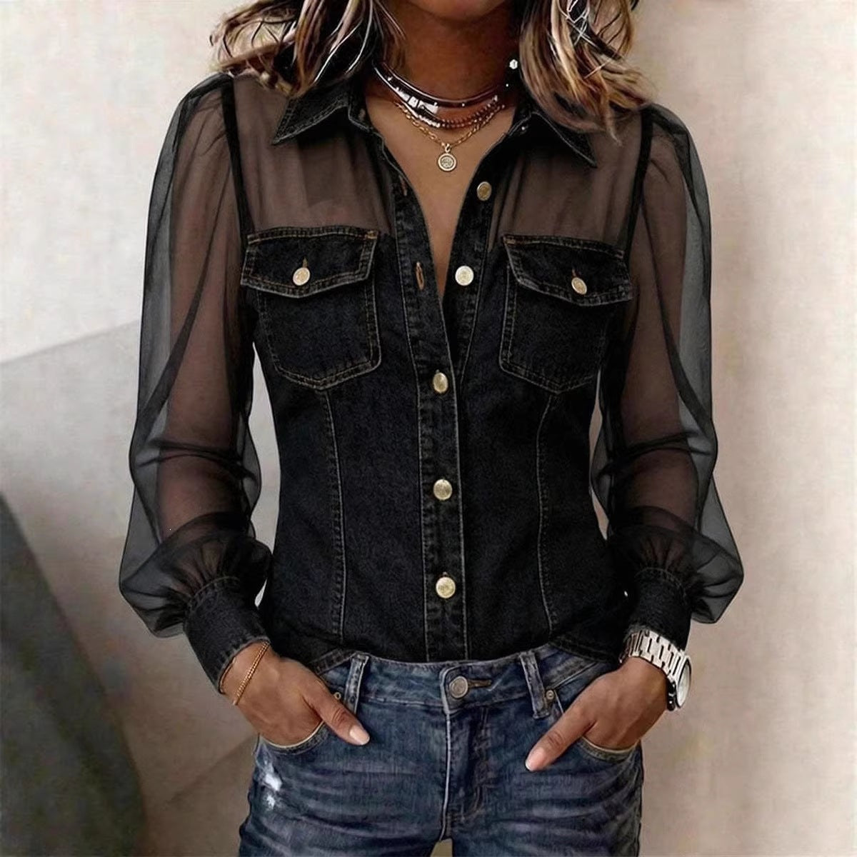 Womens V-neck Lace Long-sleeve Top NorixaFashion.com