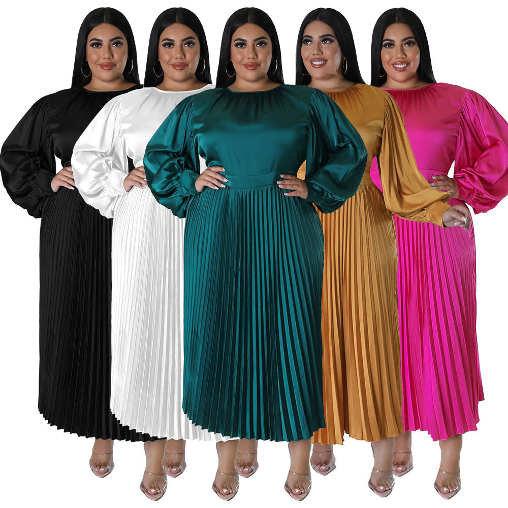Pleated Round-neck Long Dress Women NorixaFashion.com
