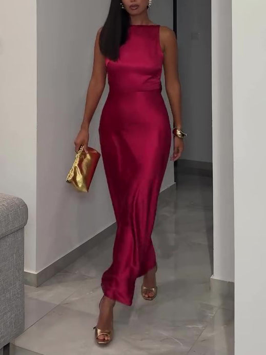 Burgundy Backless Satin Sleeveless Dress NorixaFashion.com