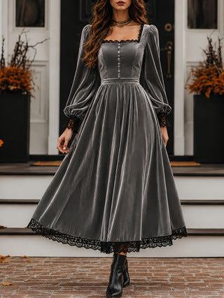 Square-neck Lace-panel Velvet Dress NorixaFashion.com