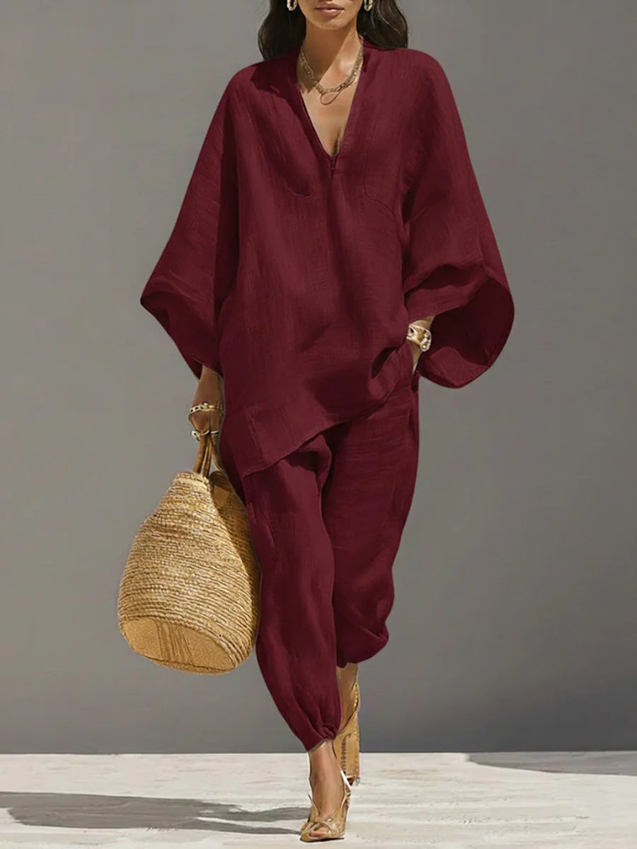 Women's Casual Loose Solid Color Shirt Set NorixaFashion.com