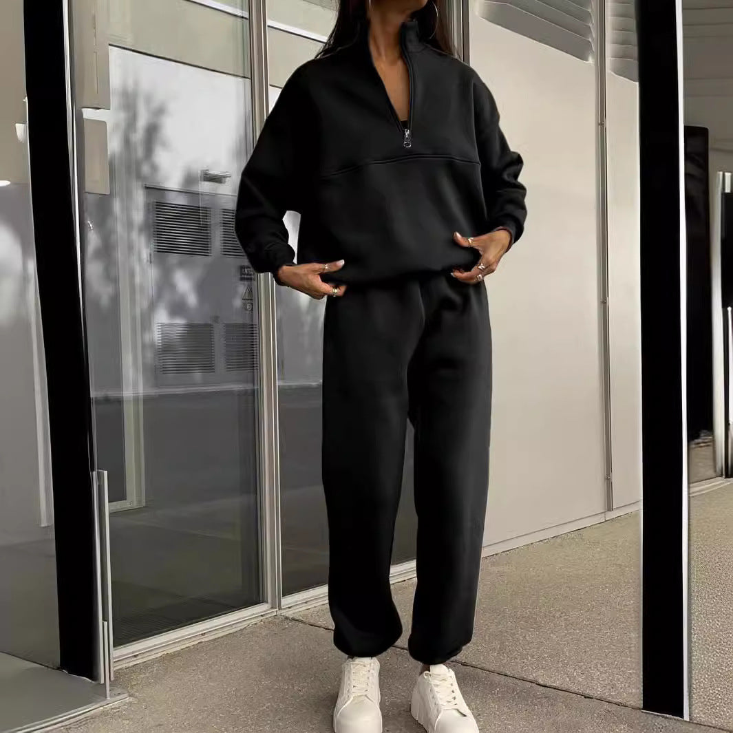 Long-sleeved Sports Sweatshirt Suit Fashion Stand-up Collar Zip-up Top And Elastic Band Trousers With Pocket Srping Fall Clothing For Women NorixaFashion.com