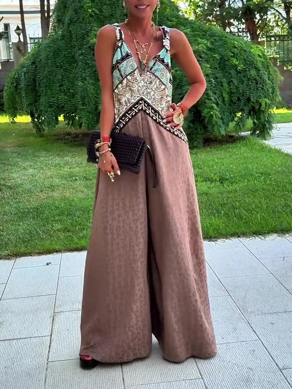 Ethnic Print Paneled Sleeveless Wide-Leg Jumpsuit NorixaFashion.com
