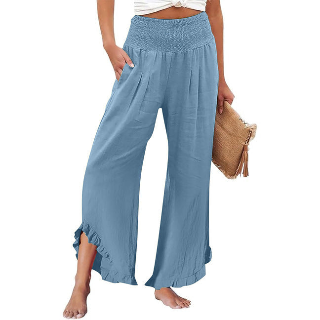 Pleated Asymmetrical Hem Cotton-linen Loose-fit Casual Pants NorixaFashion.com