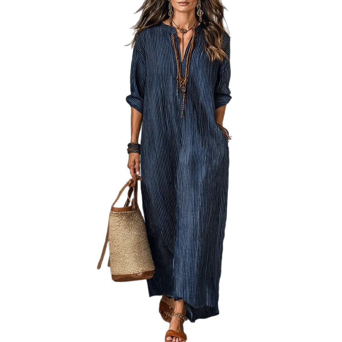 Fashionable V-neck Striped Loose-fit Dress NorixaFashion.com