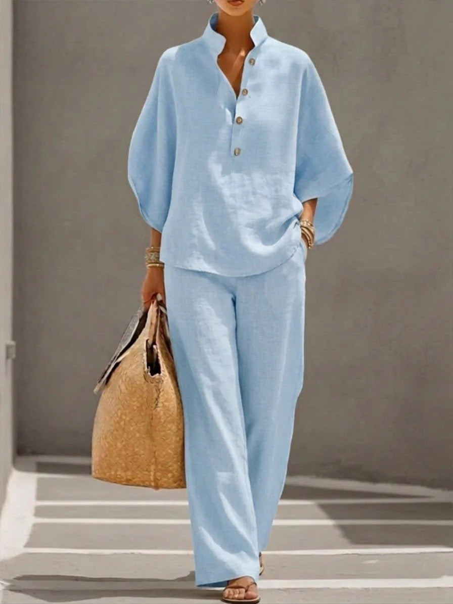 Women's Short-sleeved Suit Summer Loose Pullover Top And Straight-leg Trousers Outfit Clothing NorixaFashion.com