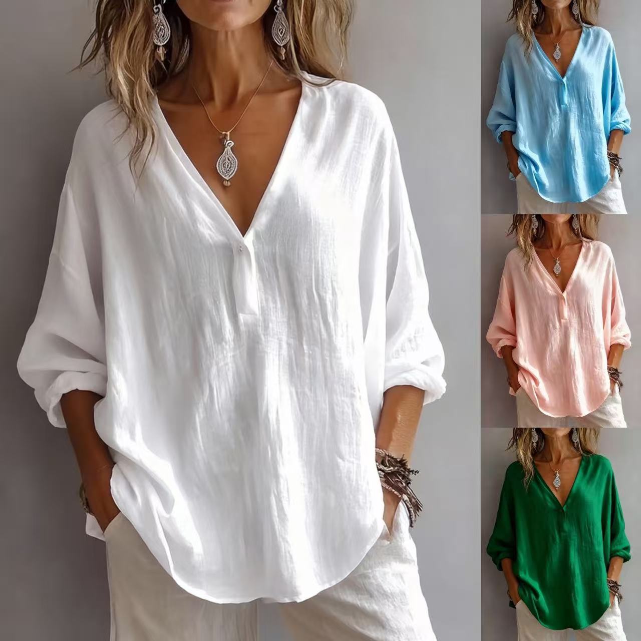 Womens Casual Loose Fashion Solid Color Long-Sleeve Top NorixaFashion.com