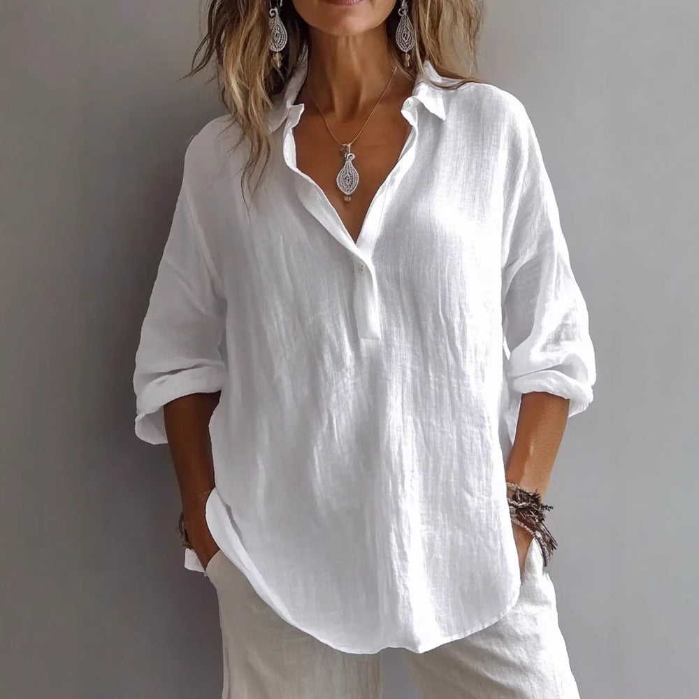 Fashion Long-sleeved Lapel Pullover Shirt Casual Loose Solid Color T-shirt Tops Women's Clothing NorixaFashion.com