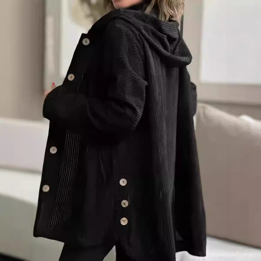 Women's Corduroy Hooded Jacket Fashion Warm Pockets Button Mid-length Top Casual Fall Winter Outwear Clothing LuxuryLifeWay Online Store