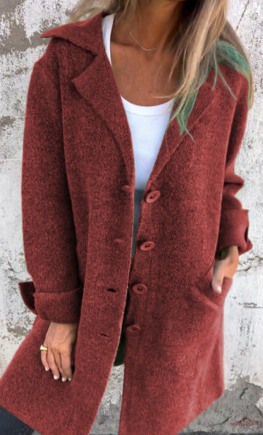 Lapel Single Breasted Cardigan With Pockets Fashion Color Solid Mid-Length Outwear Coat Womens Clothing LadyShow.Store