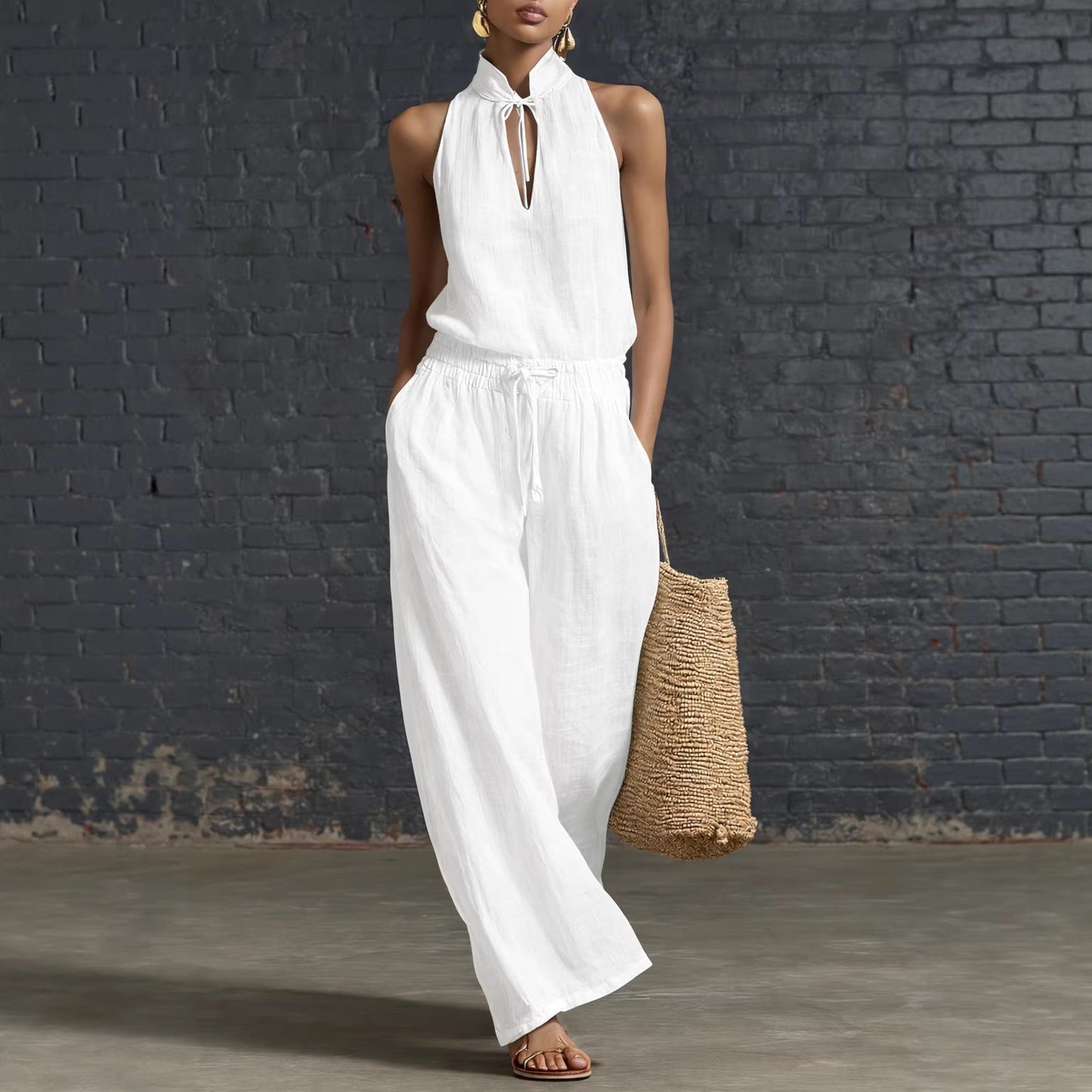 Urban-style Cotton And Linen Top And Wide-leg Pants Set NorixaFashion.com