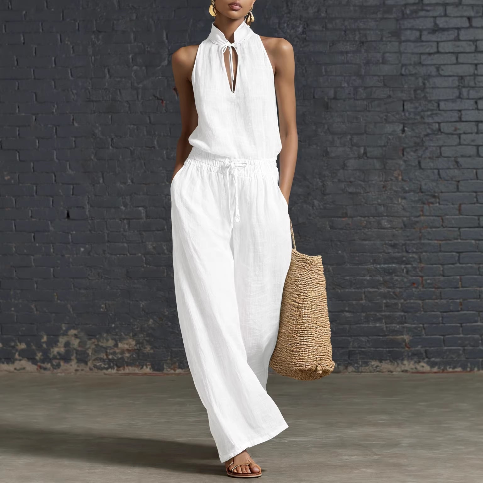 Urban-style Cotton And Linen Top And Wide-leg Pants Set NorixaFashion.com