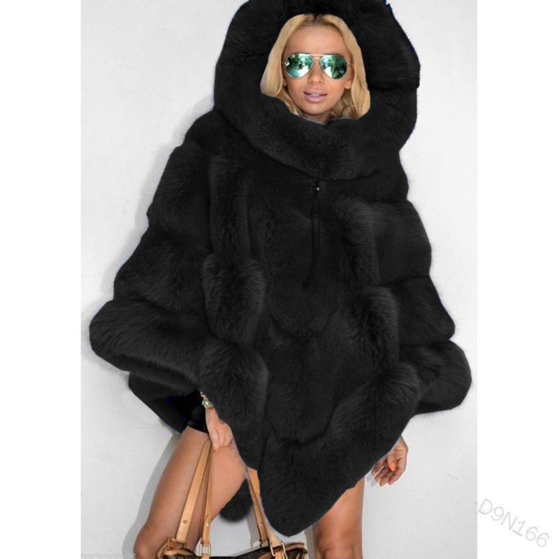 Solid Color Hooded Faux Fur Patchwork Loose Coat Elegant Commuter Cape Women's NorixaFashion.com