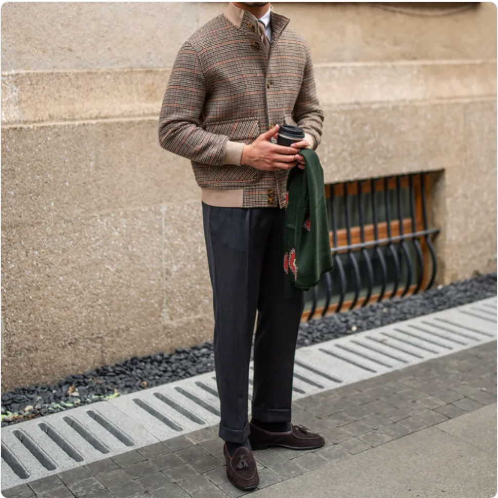 Cropped Slim-Fit Tweed Bomber Jacket with Fleece and Stand Collar Pi-Mart