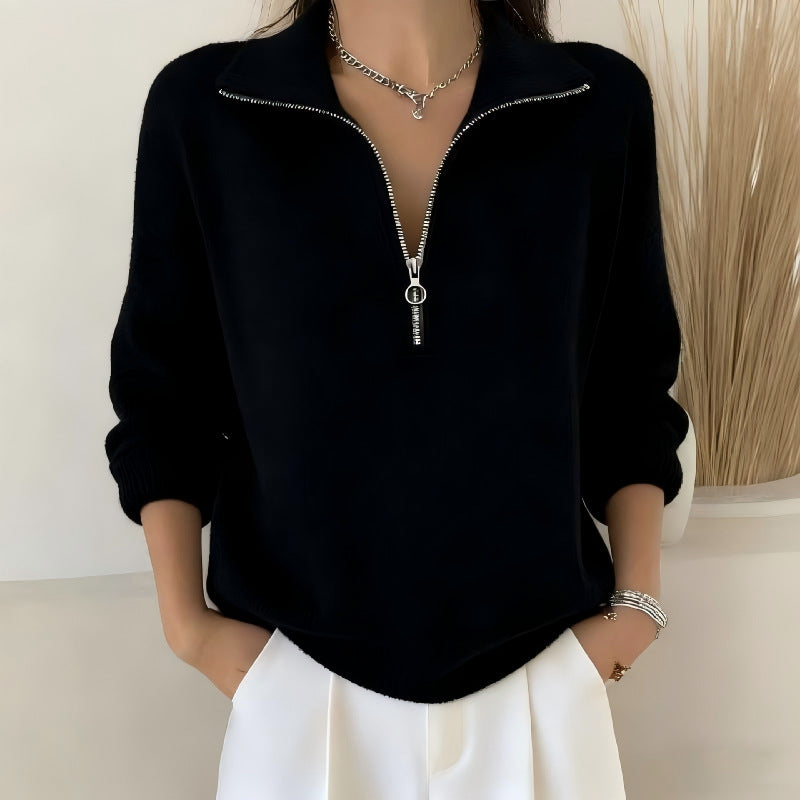 Womens Slimming Casual Fashionable, Versatile Knitted Sweater With A Zippered Lapel NorixaFashion.com